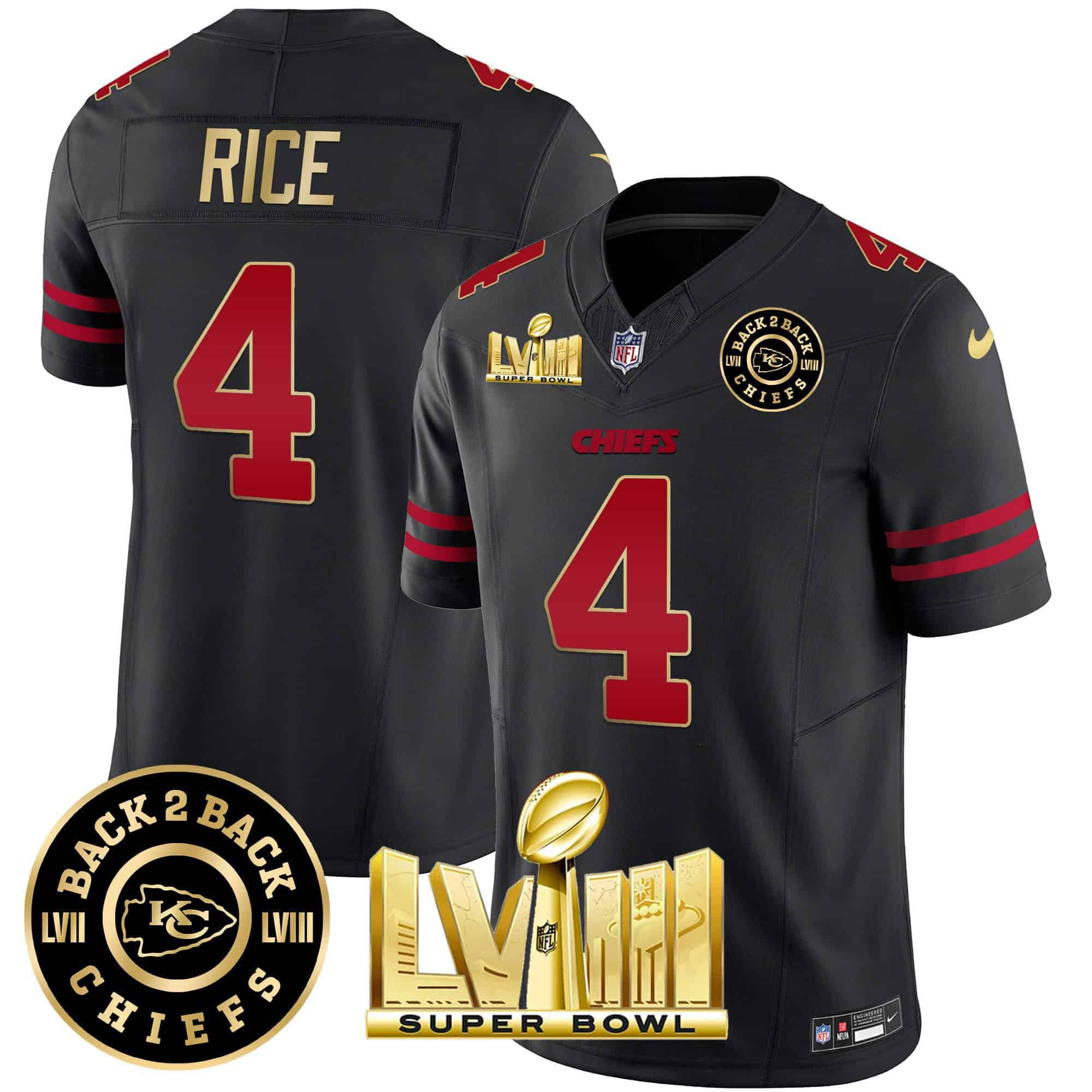 Men Kansas City Chiefs 4 Rice Black 2024 Nike Super Bowl LVIII & Back 2 Back Patch Vapor NFL Jersey style 1
